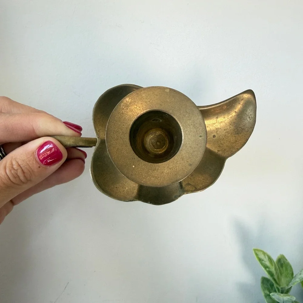 Vintage Brass Leaf Chamberstick Candle Holder Pair with Finger Loop Handle